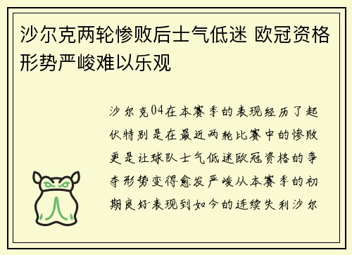 沙尔克两轮惨败后士气低迷 欧冠资格形势严峻难以乐观