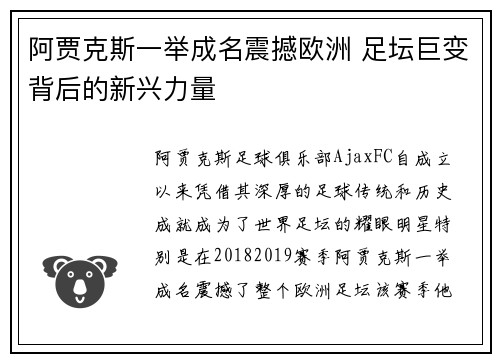 阿贾克斯一举成名震撼欧洲 足坛巨变背后的新兴力量 阿贾克斯一举成名震撼欧洲 足坛巨变背后的新兴力量